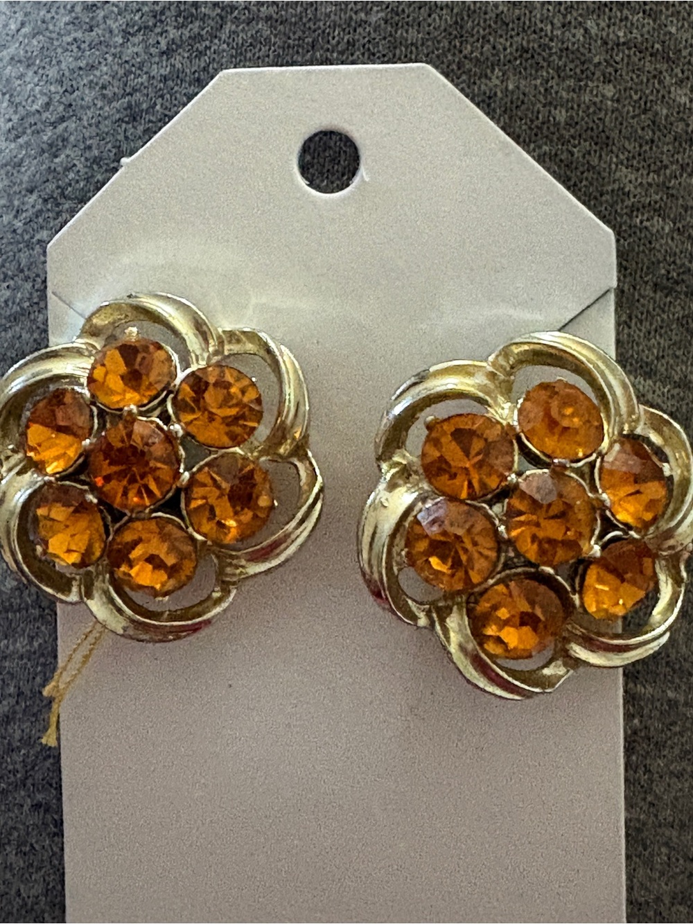 Vintage Gold-Tone Floral Crystal Clip-On Earrings - Amber